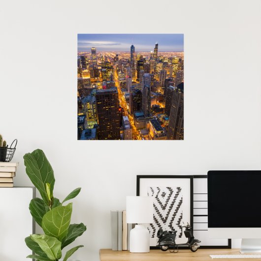 Het centrum van Chicago skyline bij schemering Poster (Thuiskantoor)