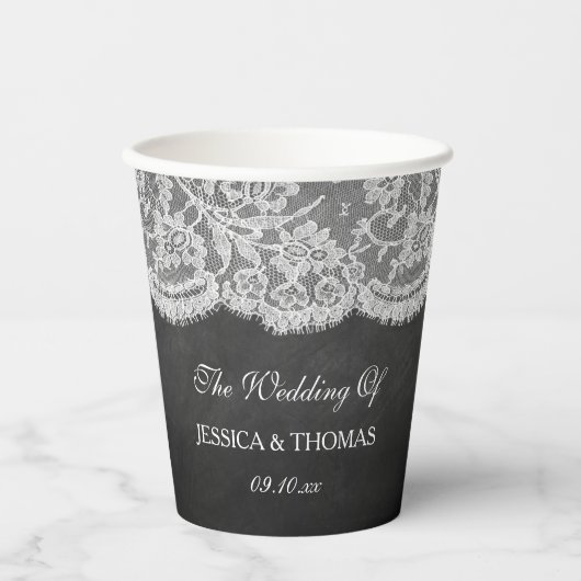 Het Collectie Chalkboard en Lace Wedding Papieren Bekers (Voorkant)