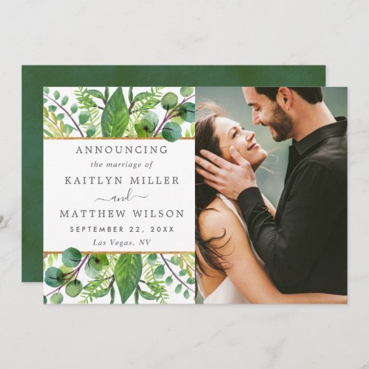 Het Collectie Greenery & Gold Wedding Aankondiging (Voorkant / Achterkant)