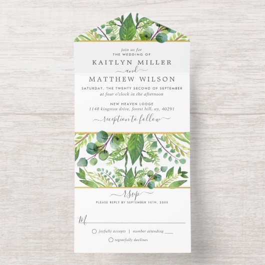 Het Collectie Greenery & Gold Wedding All In One Uitnodiging (Binnenkant)