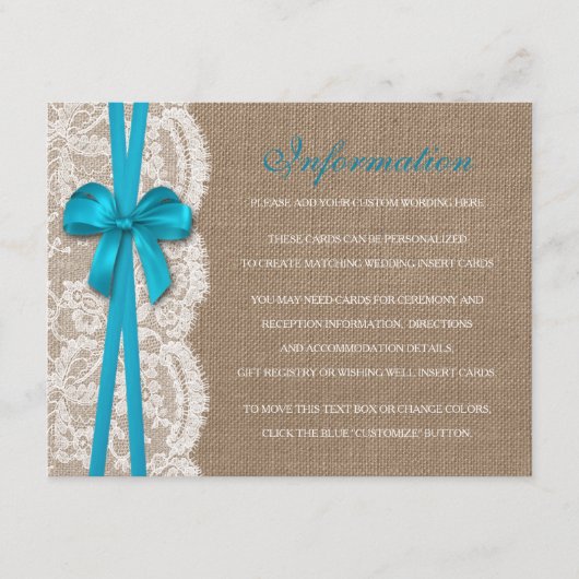 Het Collectie Rustic Blue Bow Wedding Informatiekaartje (Voorkant)