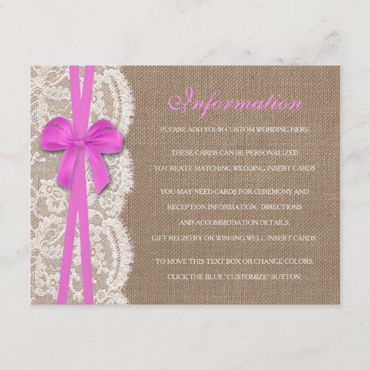 Het Collectie Rustic Pink Bow Wedding Informatiekaartje (Voorkant)
