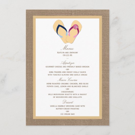 Het Collectie van de Beach Burlap Wedding van het  Menu (Voorkant)