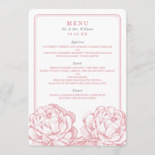 Het  Collectie van de Florale bruiloft van Peony Menu (Voorkant)