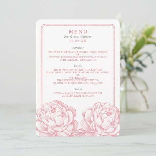 Het  Collectie van de Florale bruiloft van Peony Menu (Staand voorkant)