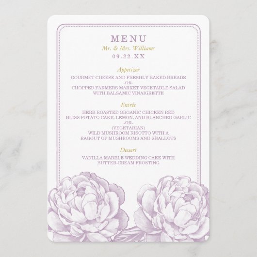 Het  Collectie van de Florale bruiloft van Peony Menu (Voorkant)