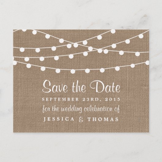 Het Collectie van de Rustic Burlap Lights Wedding Aankondigingskaart (Voorkant)