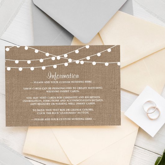 Het Collectie van de Rustic Burlap Lights Wedding Informatiekaartje