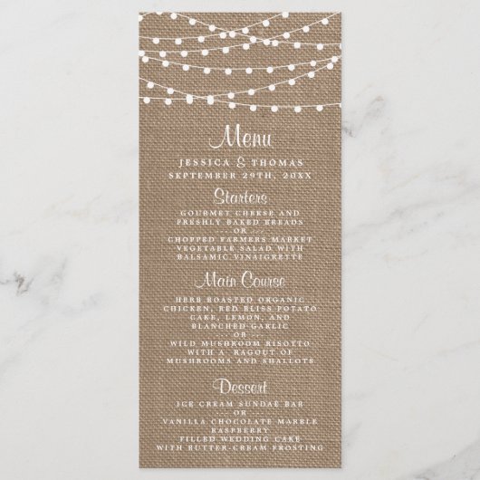 Het Collectie van de Rustic Burlap Lights Wedding Menu (Voorkant)