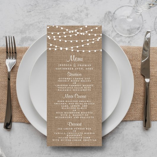 Het Collectie van de Rustic Burlap Lights Wedding Menu