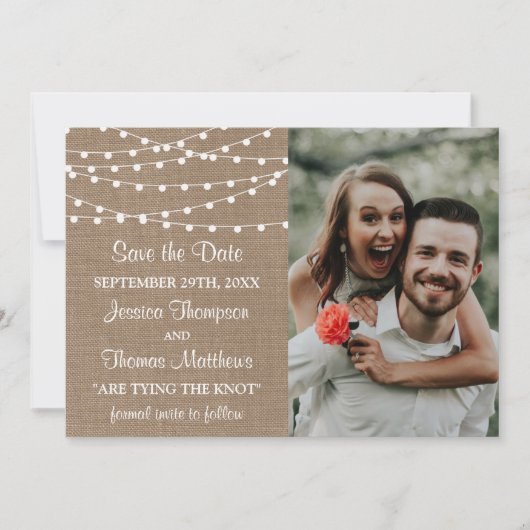 Het Collectie van de Rustic Burlap Lights Wedding Save The Date (Voorkant)
