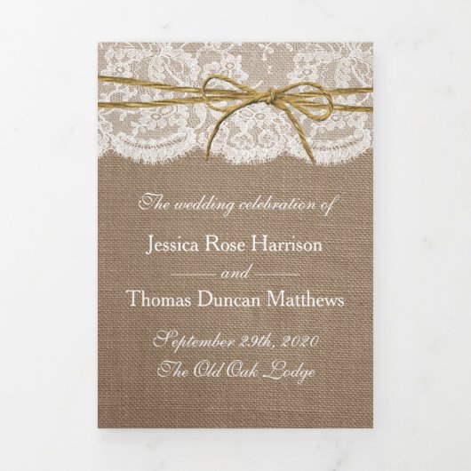 Het Collectie van de Rustic Twine Bow Wedding Drieluik Programma (Cover)
