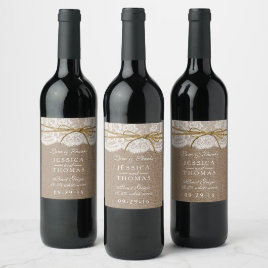 Het Collectie van de Rustic Twine Bow Wedding Wijn Etiket (Flessen)