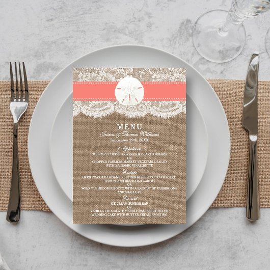 Het Coral Sand Dollar Bruiloft Collectie Menu