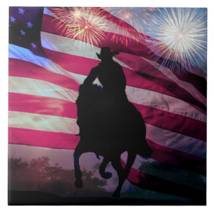 Het de Amerikaanse Vlag en Vuurwerk van de Cowboy Tegeltje