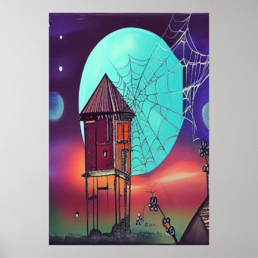 Het dorp en de blauwe maan | AI Art Poster (Voorkant)