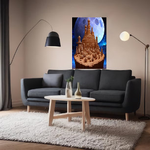 Het dorp Gingerbrood en de maan AI Art. Poster