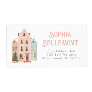 Het dorp moet Kersthuisjes Roze Whimsical helpen Etiket