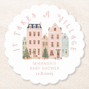 Het Dorp Winter Roze Sneeuw Baby Shower Kartonnen Onderzetters