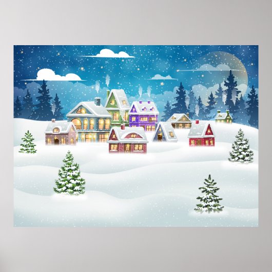 Het dorpslandschap in de winter met sneeuw bedekt poster (Voorkant)