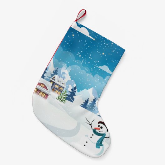 Het dorpswinterlandschap met sneeuw bedekt kleine kerstsok (Voorkant (Hangend))