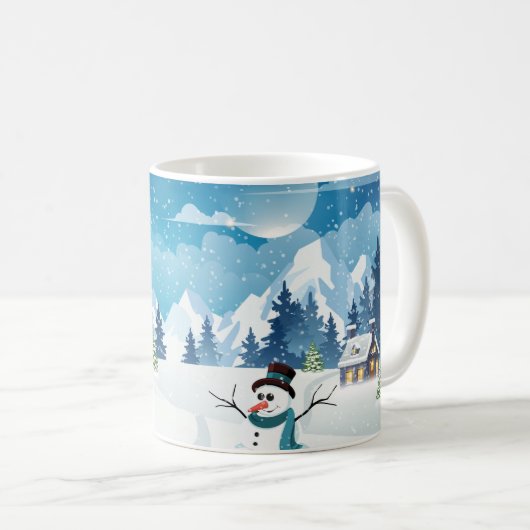 Het dorpswinterlandschap met sneeuw bedekt koffiemok (Voorkant rechts)