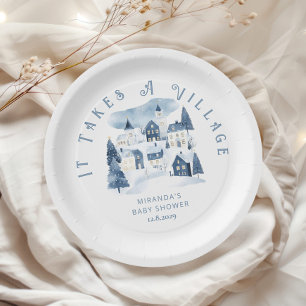 Het duurt een dorp Winter Nacht Sneeuw Baby Shower Papieren Bordje