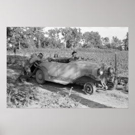 Het duwen van een auto, 1939.  foto poster