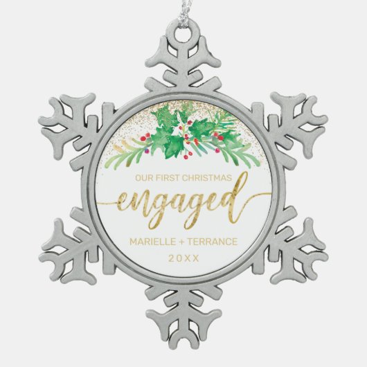 Het eerste kerstcadeautje met Gold Glitter Script  Tin Sneeuwvlok Ornament (Voorkant)