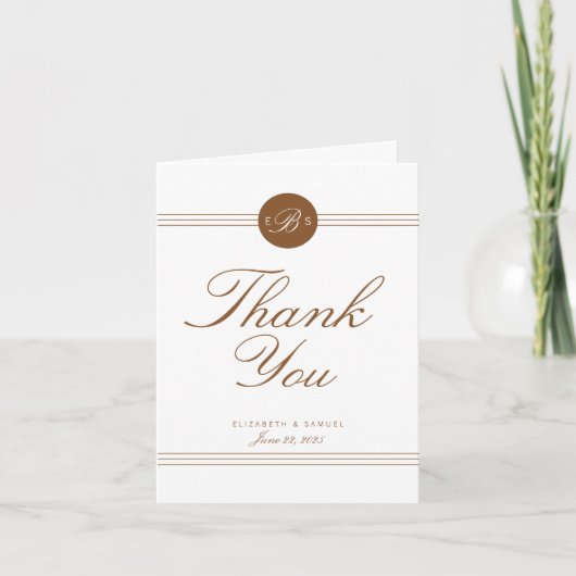 Het elegante Elegante Bruine Witte Monogram dankt Bedankkaart (Voorkant)