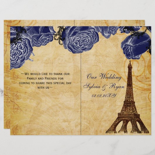 Het Franse Eiffel Tower navy vouded Wedding Progra (Voorkant / Achterkant)