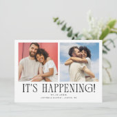 Het gebeurt 2-Foto Witte Bruiloft Save The Date (Staand voorkant)