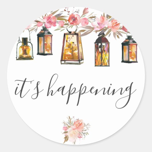 Het gebeurt in Rustic Lantern Roos Gold Wedding Ronde Sticker (Voorkant)