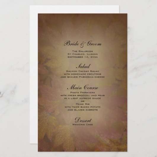 Het gekleurde Maple Leaves Fall Wedding Menu (Voorkant / Achterkant)