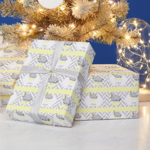 Het gele, Witte Grijze Baby shower van de Olifant Cadeaupapier