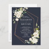 Het Geometrische Blauwe Witte BloemenHuwelijk van Aankondigingskaart (Voorkant / Achterkant)