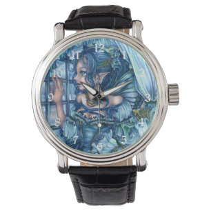 Het gezicht van het meisje met de vorstfee op een horloge