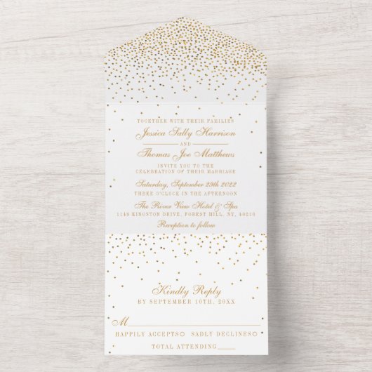 Het  Glam Gold Confetti Wedding Collectie All In One Uitnodiging (Binnen)