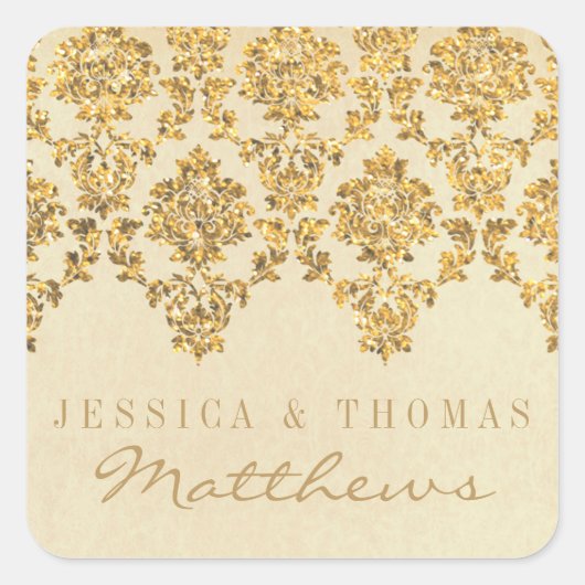 Het  Glam Gold Damask Wedding Collectie Vierkante Sticker (Voorkant)