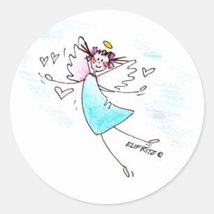 Het glimlachen van blauwe gegoten engel die harten ronde sticker