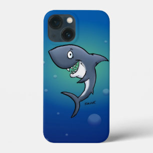 Het glimlachen van Funny Shark op blauwe achtergro iPhone 13 Mini Hoesje