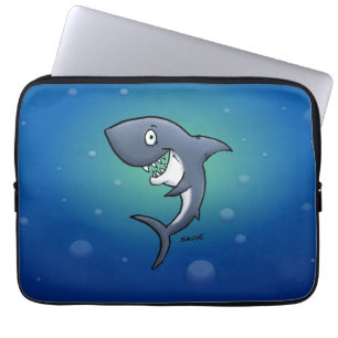 Het glimlachen van Funny Shark op blauwe achtergro Laptop Sleeve
