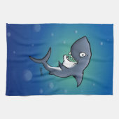 Het glimlachen van Funny Shark op blauwe achtergro Theedoek (Horizontaal)