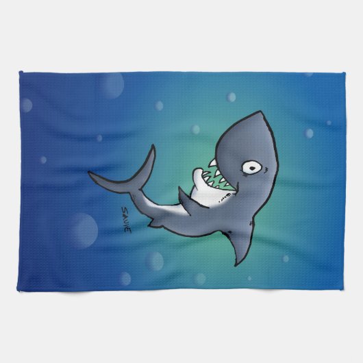 Het glimlachen van Funny Shark op blauwe achtergro Theedoek (Horizontaal)