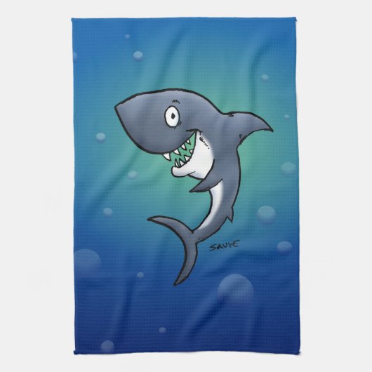 Het glimlachen van Funny Shark op blauwe achtergro Theedoek (Verticaal)