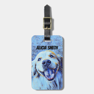 Het glimlachen van Golden Retriever Dog Blue Art Bagagelabel