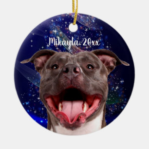 Het glimlachen van Pit Bull op Blauwe Kerstmis Keramisch Ornament