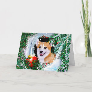 Het glimlachen van Welsh Corgi in het wintervenste Feestdagen Kaart