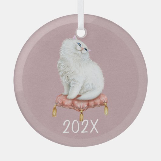 Het glimlachen van Witte Kat houdt het  Jaar Glas Ornament (Voorkant)