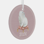 Het glimlachen van Witte Kat houdt het  Jaar Glas Ornament (Voorkant Rechts)